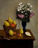 Still Life - Apples Pears And Flowers - Oil On Linen